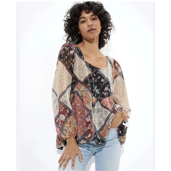 American Eagle Patchwork Floral Boho Peasant Blouse Square Neck top size medium - Picture 1 of 7